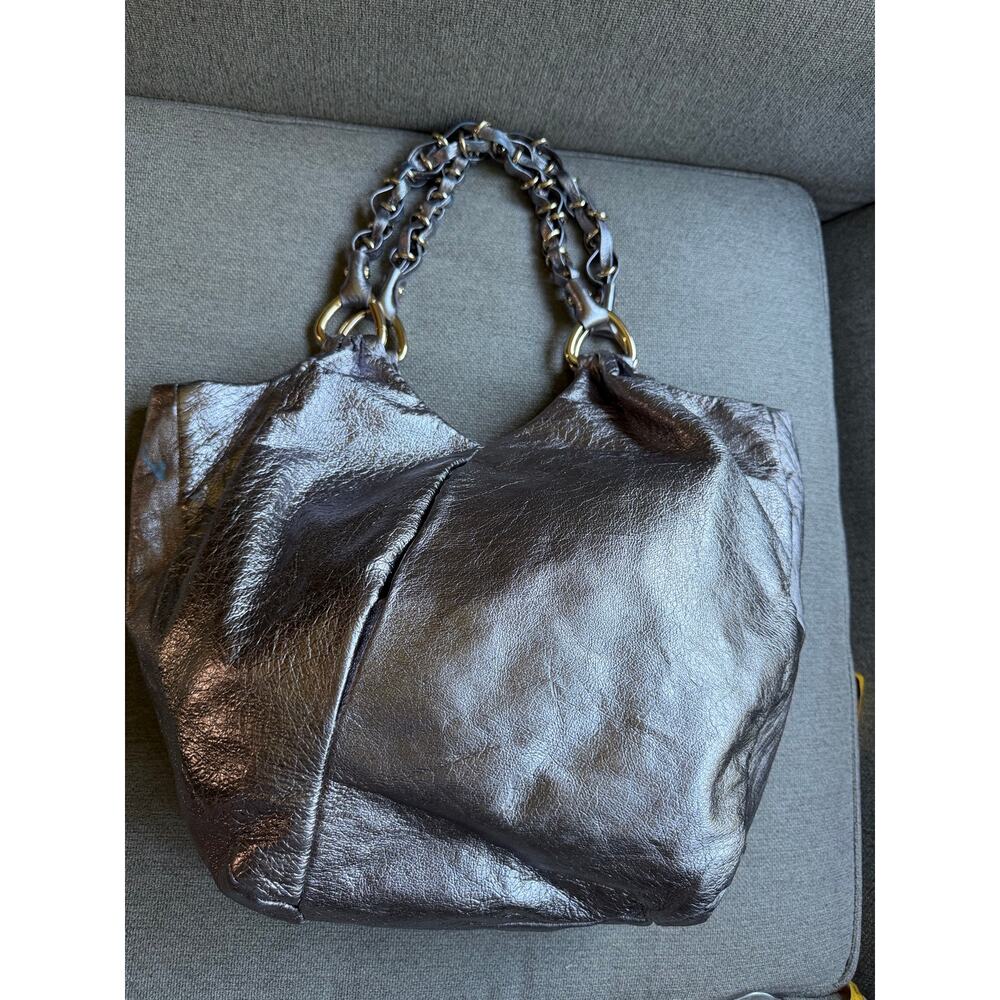 Elliot Lucca Silver Metallic Leather Shoulder Handbag Gold Braided Handles Boho - Picture 5 of 15